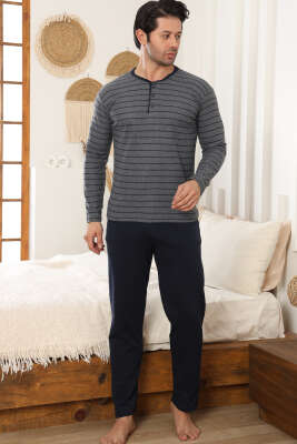 Yatay Çizgili Düğme Detaylı Erkek Pijama Takımı Füme - Pijama