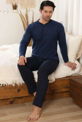 Yatay Çizgili Düğme Detaylı Erkek Pijama Takımı Lacivert 