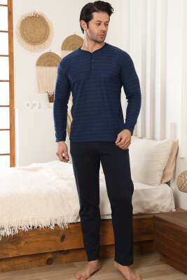 Yatay Çizgili Düğme Detaylı Erkek Pijama Takımı Lacivert - Pijama