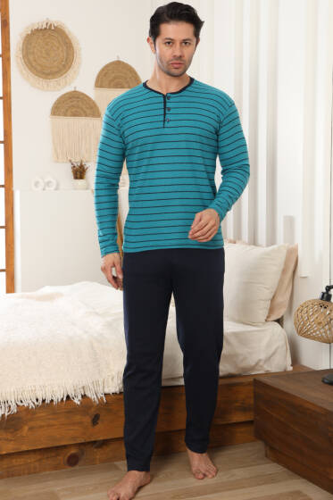 Yatay Çizgili Düğme Detaylı Erkek Pijama Takımı Petrol - Pijama