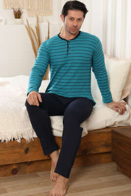 Yatay Çizgili Düğme Detaylı Erkek Pijama Takımı Petrol - Pijama