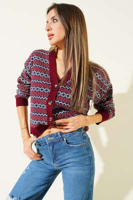 Yatay Çizgili Düğmeli Triko Hırka Bordo - VANİZA TRİKO