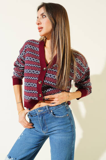 Yatay Çizgili Düğmeli Triko Hırka Bordo - Kadın Giyim Modelleri