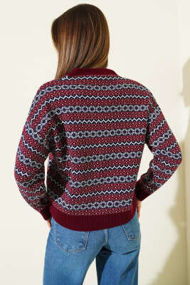 Yatay Çizgili Düğmeli Triko Hırka Bordo - Kadın Giyim Modelleri