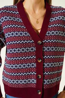 Yatay Çizgili Düğmeli Triko Hırka Bordo - Kadın Giyim Modelleri