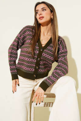 Yatay Çizgili Düğmeli Triko Hırka Haki - Kadın Giyim Modelleri