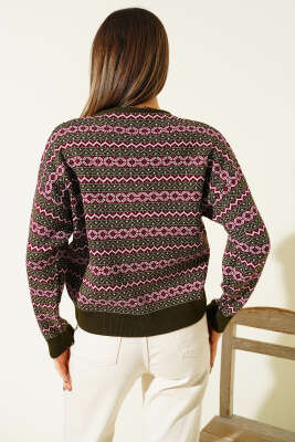 Yatay Çizgili Düğmeli Triko Hırka Haki - Kadın Giyim Modelleri