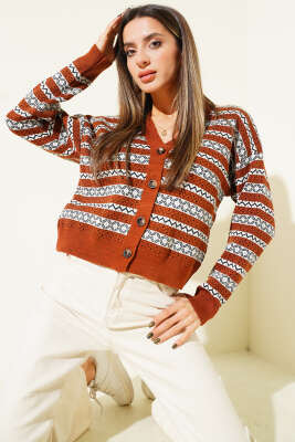 Yatay Çizgili Düğmeli Triko Hırka Kiremit - Kadın Giyim Modelleri