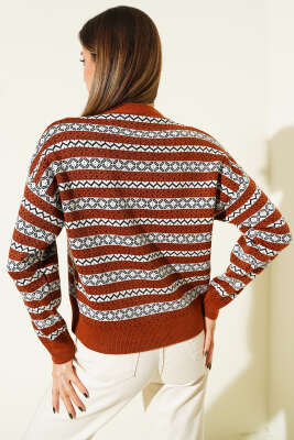 Yatay Çizgili Düğmeli Triko Hırka Kiremit - Kadın Giyim Modelleri