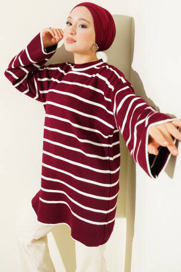 Yatay Çizgili Düşük Omuz Triko Tunik Bordo - Tunik