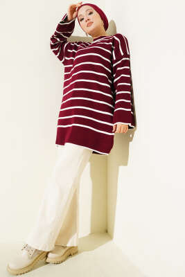 Yatay Çizgili Düşük Omuz Triko Tunik Bordo - Tunik