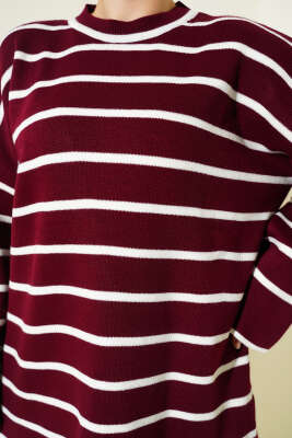 Yatay Çizgili Düşük Omuz Triko Tunik Bordo - Tunik