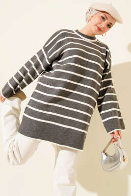 Yatay Çizgili Düşük Omuz Triko Tunik Gri 
