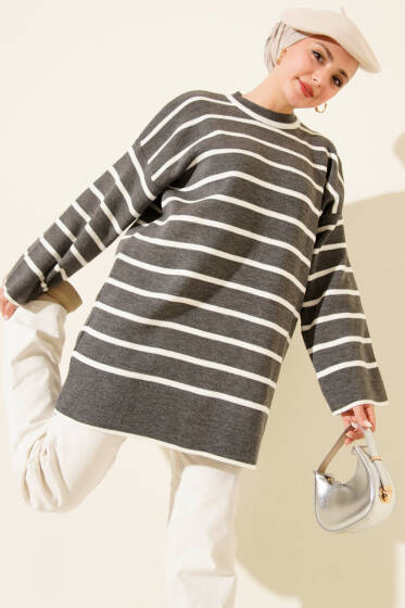 Yatay Çizgili Düşük Omuz Triko Tunik Gri - Tunik