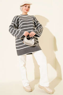 Yatay Çizgili Düşük Omuz Triko Tunik Gri - Tunik