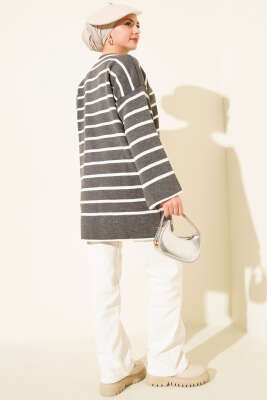 Yatay Çizgili Düşük Omuz Triko Tunik Gri - Tunik