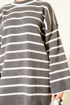 Yatay Çizgili Düşük Omuz Triko Tunik Gri - Tunik