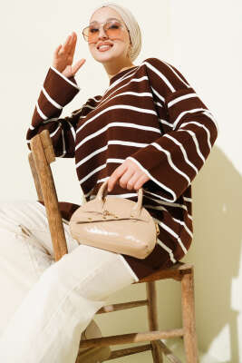 Yatay Çizgili Düşük Omuz Triko Tunik Kahve - KILIÇ TRİKO