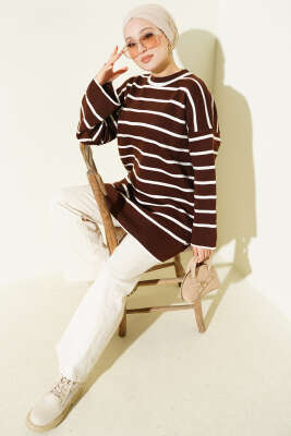 Yatay Çizgili Düşük Omuz Triko Tunik Kahve - Tunik