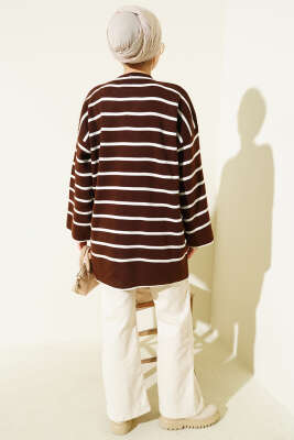 Yatay Çizgili Düşük Omuz Triko Tunik Kahve - Tunik