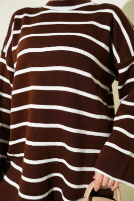 Yatay Çizgili Düşük Omuz Triko Tunik Kahve - Tunik