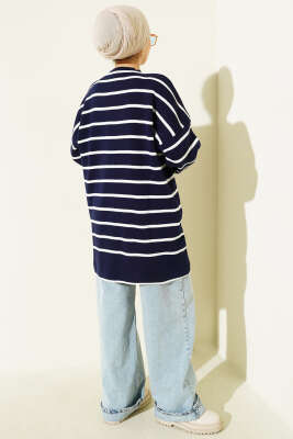 Yatay Çizgili Düşük Omuz Triko Tunik Lacivert - Yılın Fırsatı