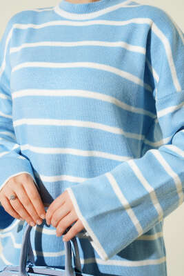 Yatay Çizgili Düşük Omuz Triko Tunik Mavi - Tunik