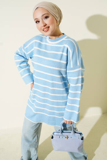 Yatay Çizgili Düşük Omuz Triko Tunik Mavi - Yılın Fırsatı