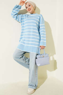 Yatay Çizgili Düşük Omuz Triko Tunik Mavi - Yılın Fırsatı