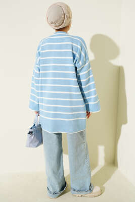 Yatay Çizgili Düşük Omuz Triko Tunik Mavi - Yılın Fırsatı