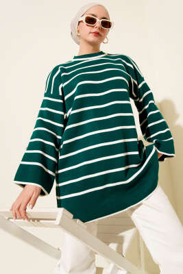 Yatay Çizgili Düşük Omuz Triko Tunik Nefti - KILIÇ TRİKO