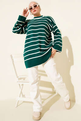 Yatay Çizgili Düşük Omuz Triko Tunik Nefti - Tunik