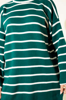 Yatay Çizgili Düşük Omuz Triko Tunik Nefti - Tunik