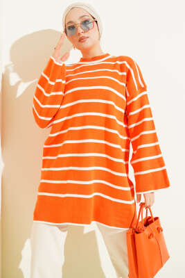 Yatay Çizgili Düşük Omuz Triko Tunik Oranj - KILIÇ TRİKO