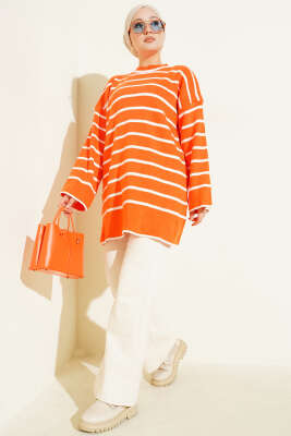 Yatay Çizgili Düşük Omuz Triko Tunik Oranj - Tunik