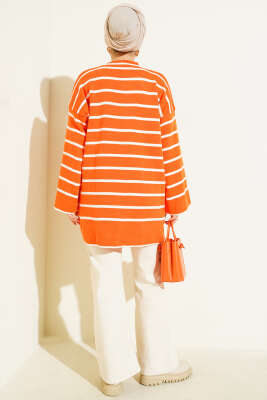 Yatay Çizgili Düşük Omuz Triko Tunik Oranj - Yılın Fırsatı
