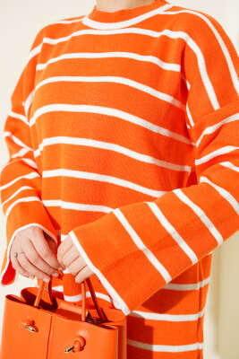 Yatay Çizgili Düşük Omuz Triko Tunik Oranj - Yılın Fırsatı