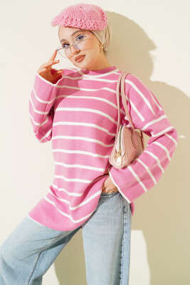 Yatay Çizgili Düşük Omuz Triko Tunik Pembe - KILIÇ TRİKO