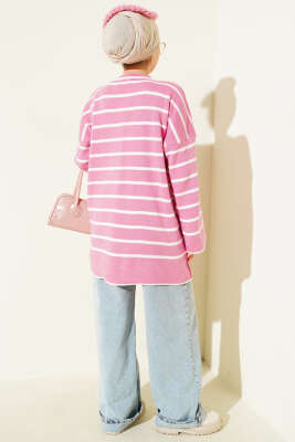 Yatay Çizgili Düşük Omuz Triko Tunik Pembe - Tunik