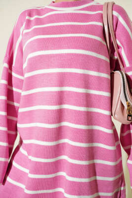 Yatay Çizgili Düşük Omuz Triko Tunik Pembe - Tunik