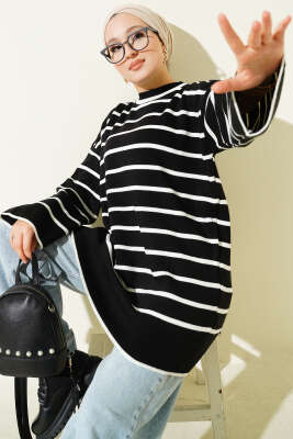 Yatay Çizgili Düşük Omuz Triko Tunik Siyah - Tunik