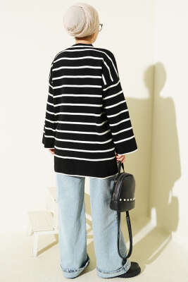 Yatay Çizgili Düşük Omuz Triko Tunik Siyah - Yılın Fırsatı