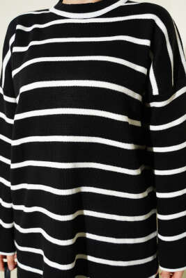 Yatay Çizgili Düşük Omuz Triko Tunik Siyah - Yılın Fırsatı