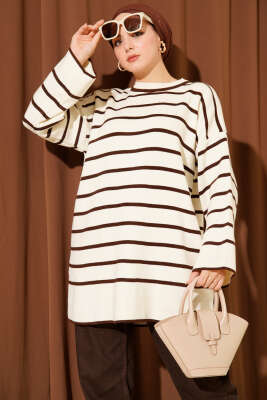 Yatay Çizgili Düşük Omuz Triko Tunik Taş - KILIÇ TRİKO