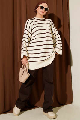 Yatay Çizgili Düşük Omuz Triko Tunik Taş - Tunik
