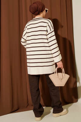 Yatay Çizgili Düşük Omuz Triko Tunik Taş - Tunik