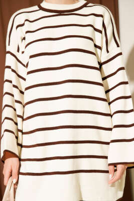 Yatay Çizgili Düşük Omuz Triko Tunik Taş - Tunik