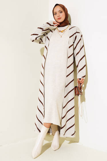 Yatay Çizgili Elbise Triko İkili Takım Bej - İkili Takım