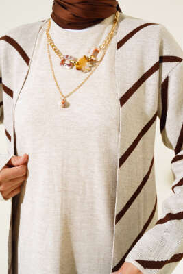 Yatay Çizgili Elbise Triko İkili Takım Bej - Triko İkili Takım