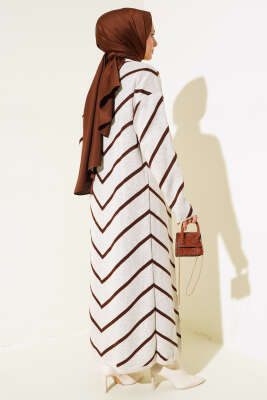 Yatay Çizgili Elbise Triko İkili Takım Bej - Triko İkili Takım